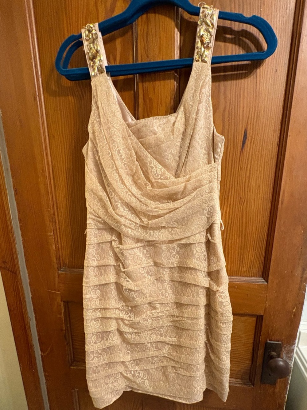 Express Beige Lace Mini Dress with Embellished Gold Straps